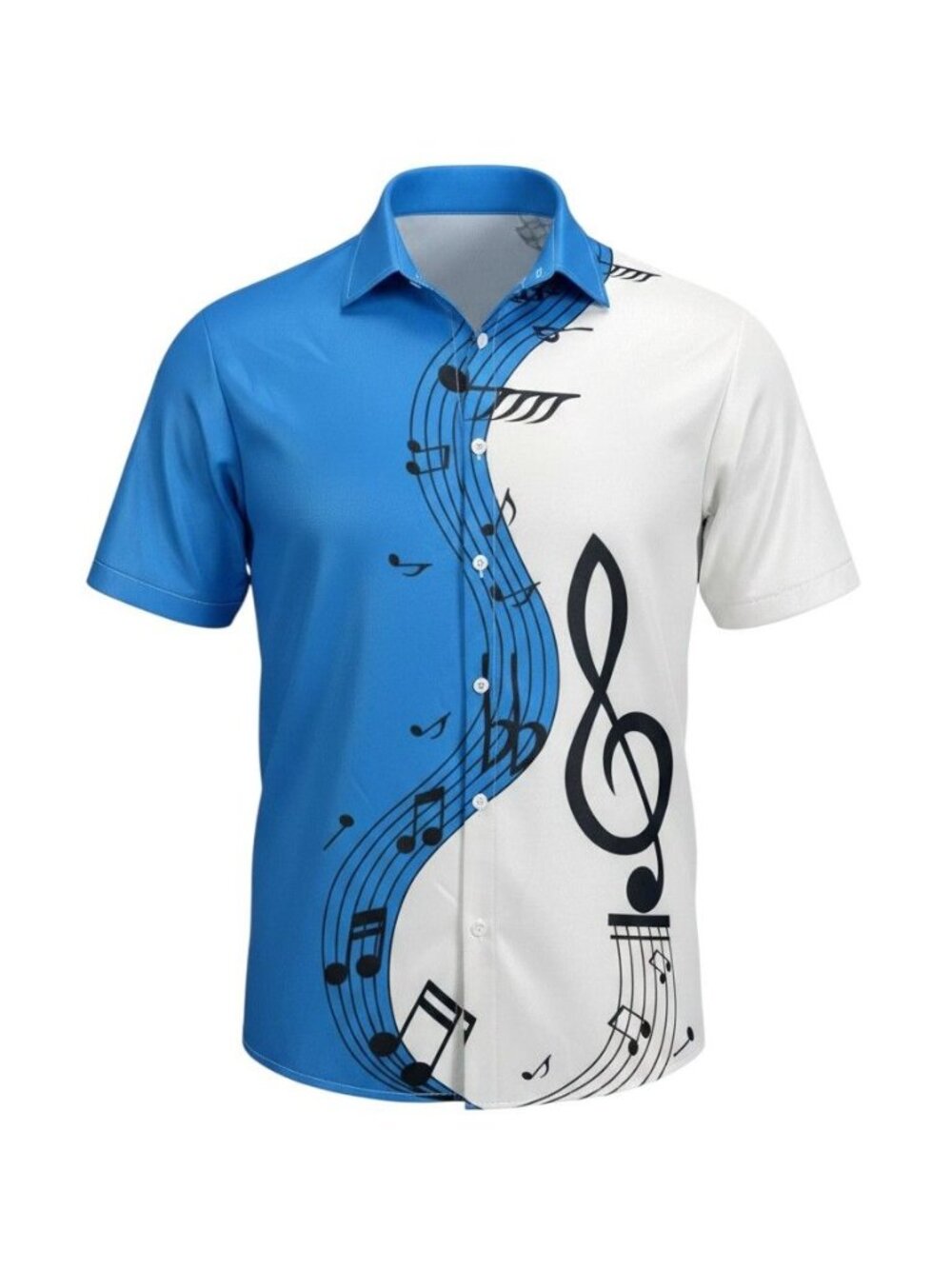 Aloha Mens Musical Notes Button-Up Shirt Blue & White Short Sleeve - Size M
